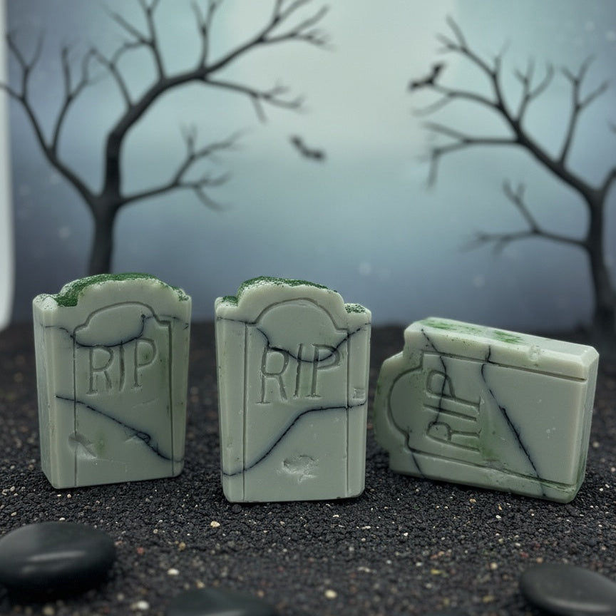 Drop Dead Soap: soap bar hand-carved to look like a weathered tombstone