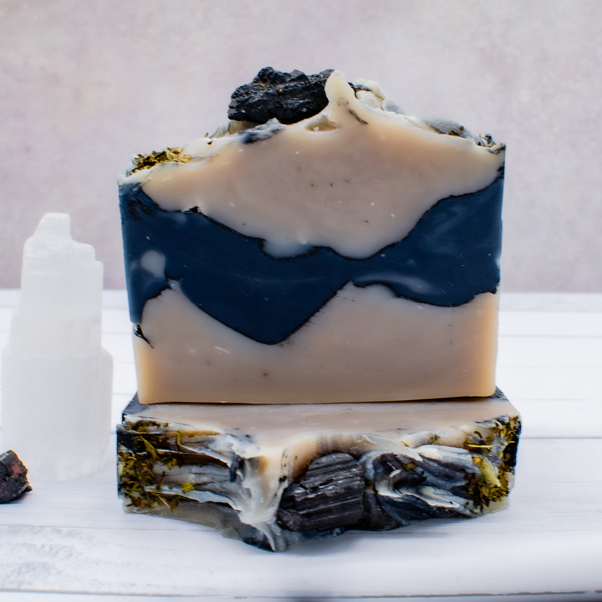 Tempest Soap: indigo-colored natural soap bar topped with a piece of black tourmaline (photo 2)