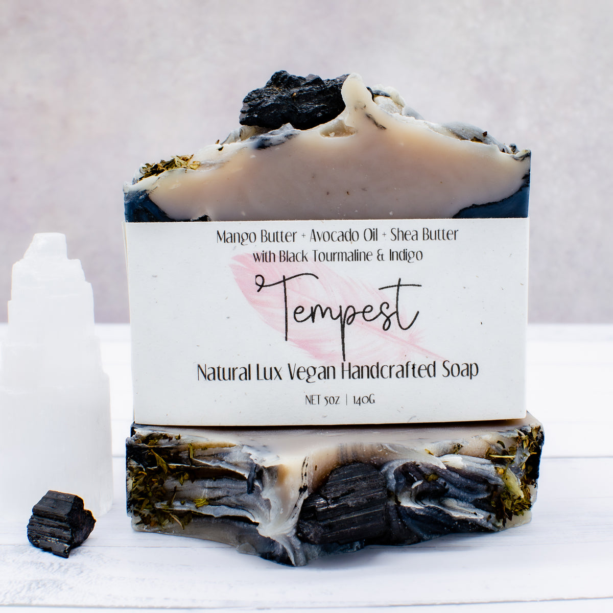 Tempest Soap: indigo-colored natural soap bar topped with a piece of black tourmaline (photo 3)