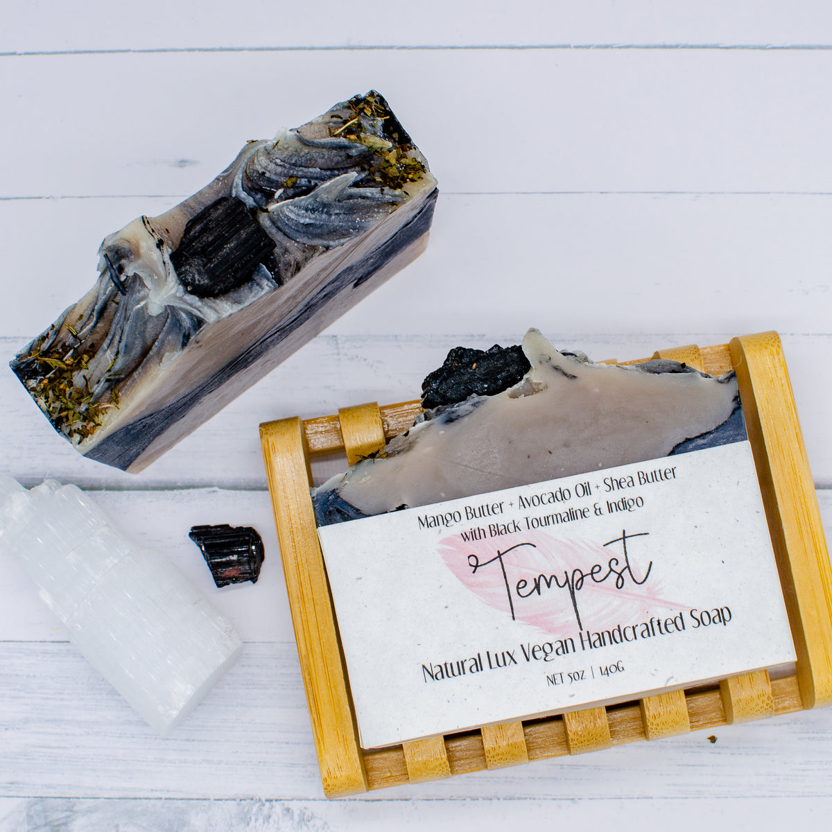Tempest Soap: indigo-colored natural soap bar topped with a piece of black tourmaline (photo 4)