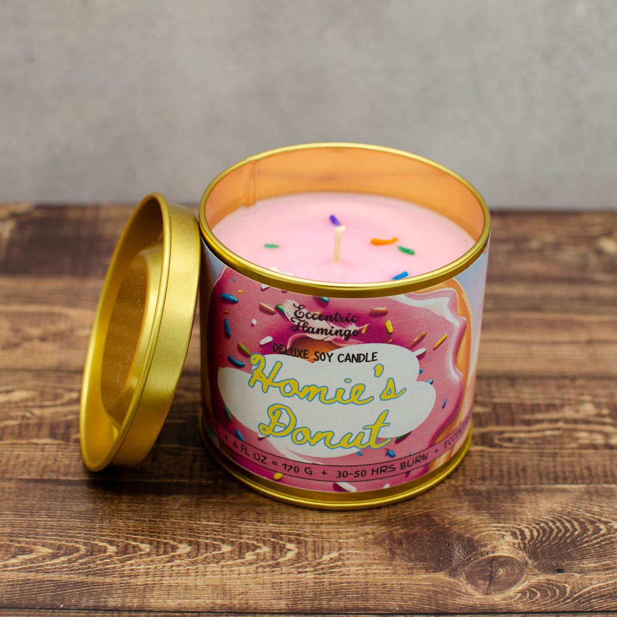 PAINT CAN Candle - Homie's Donut: pink soy candle topped with rainbow jimmies in a gold paint can