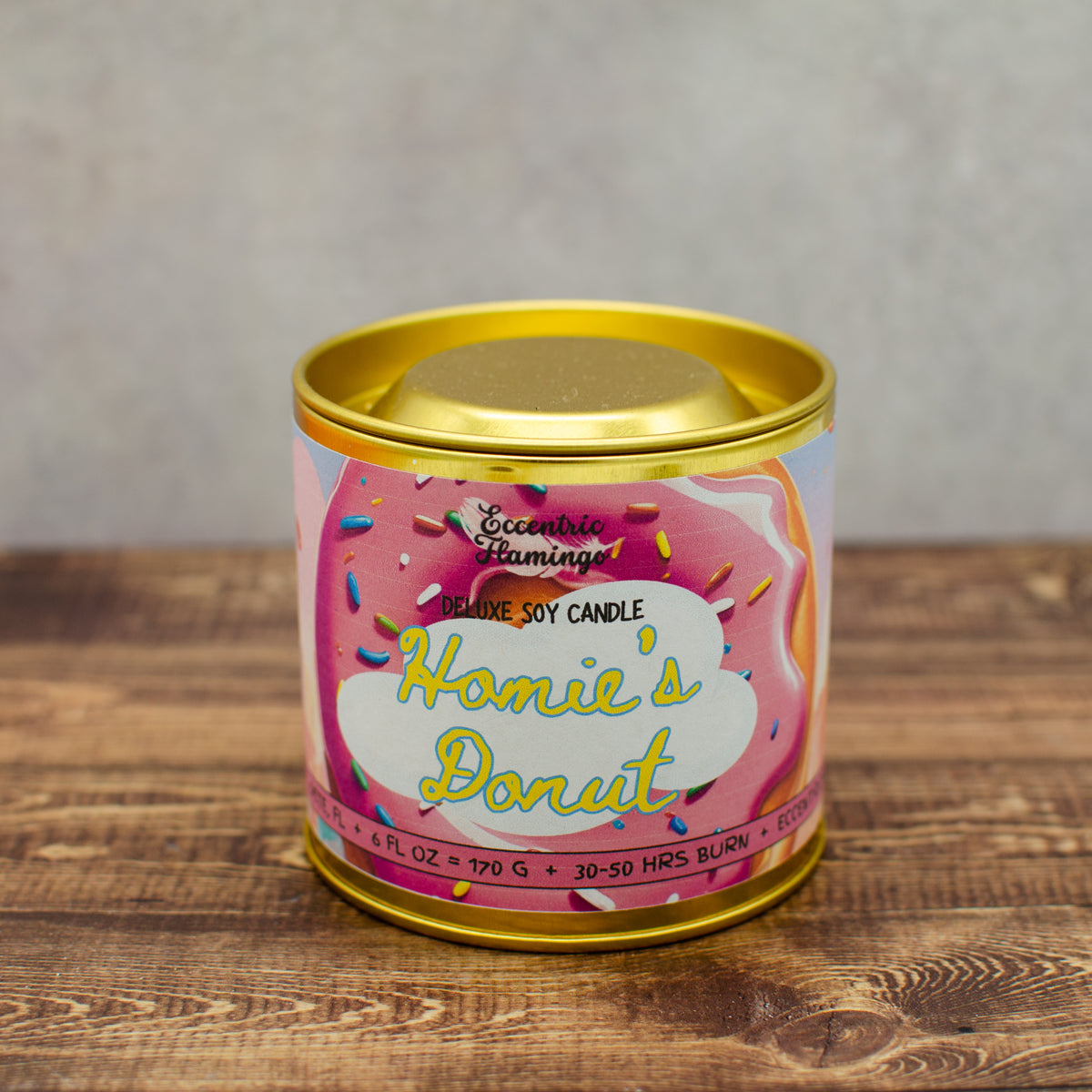 PAINT CAN Candle - Homie's Donut: pink soy candle topped with rainbow jimmies in a gold paint can (photo 2)