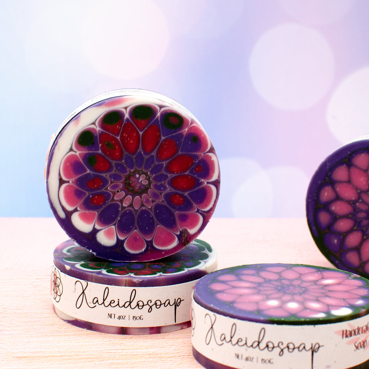 Kaleidosoap No. 36: one-of-a-kind soap in raspberry red, pink, purple, dark green, and white (photo 2)