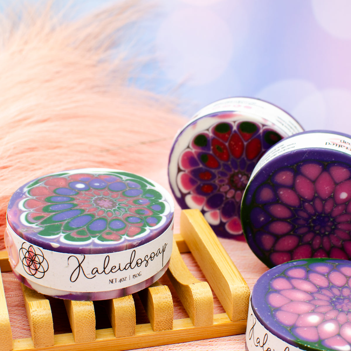 Kaleidosoap No. 36: one-of-a-kind soap in raspberry red, pink, purple, dark green, and white