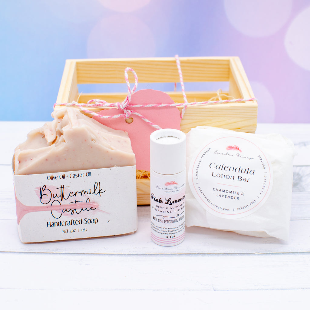 Buttermilk Castile Gift Set: buttermilk castile soap, pink lemonade lip balm, and calendula lotion bar