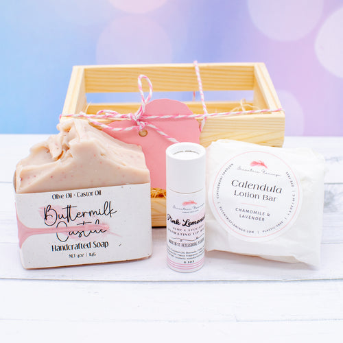 Buttermilk Castile Gift Set: buttermilk castile soap, pink lemonade lip balm, and calendula lotion bar