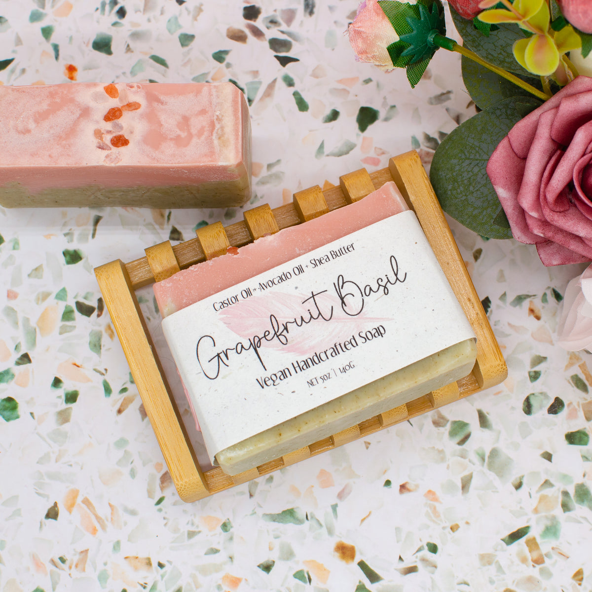 Grapefruit Basil Soap: soap bar colored with rose clay and green sea clay (photo 4)
