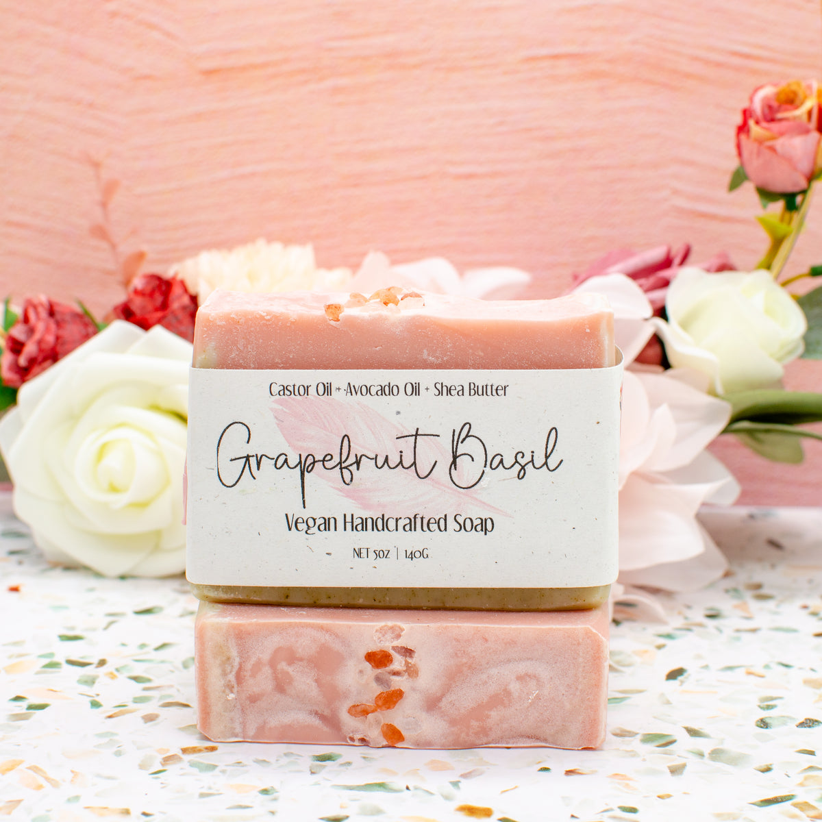 Grapefruit Basil Soap: soap bar colored with rose clay and green sea clay (photo 2)