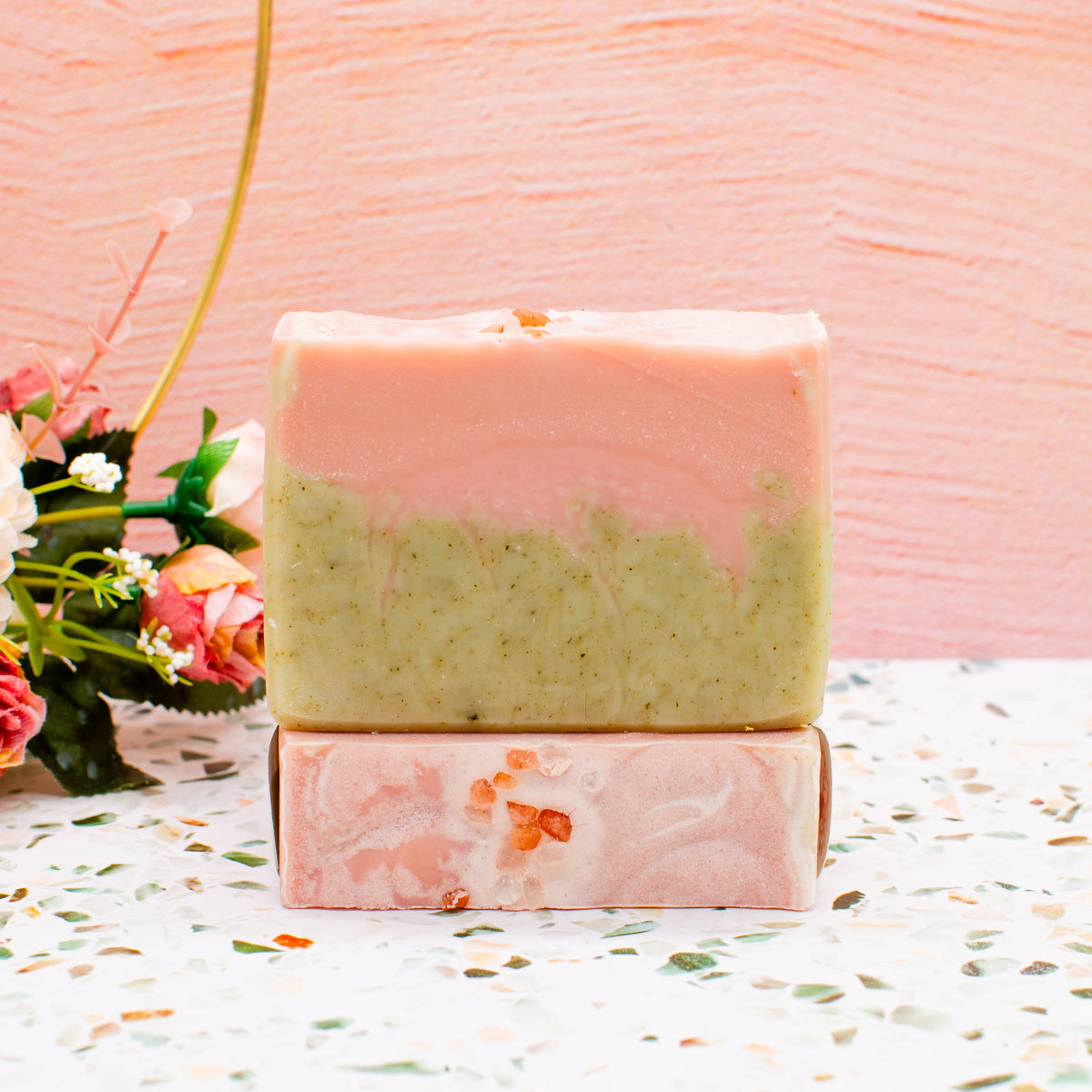 Grapefruit Basil Soap: soap bar colored with rose clay and green sea clay