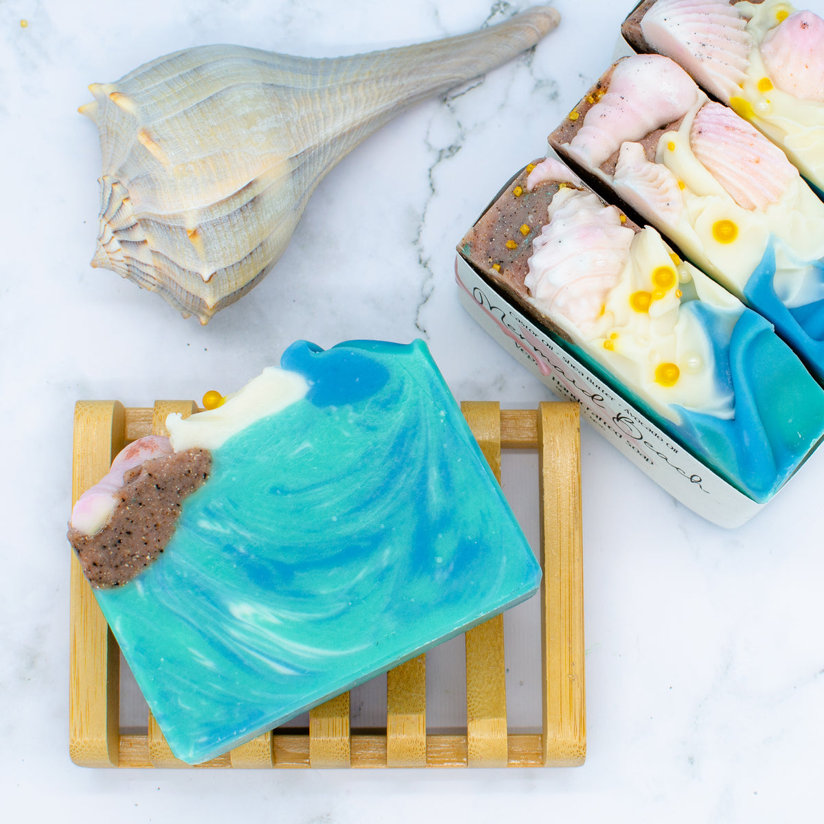 Mermaid Beach Soap: soap bar with sculpted shells, ocean waves, and sandy swirls