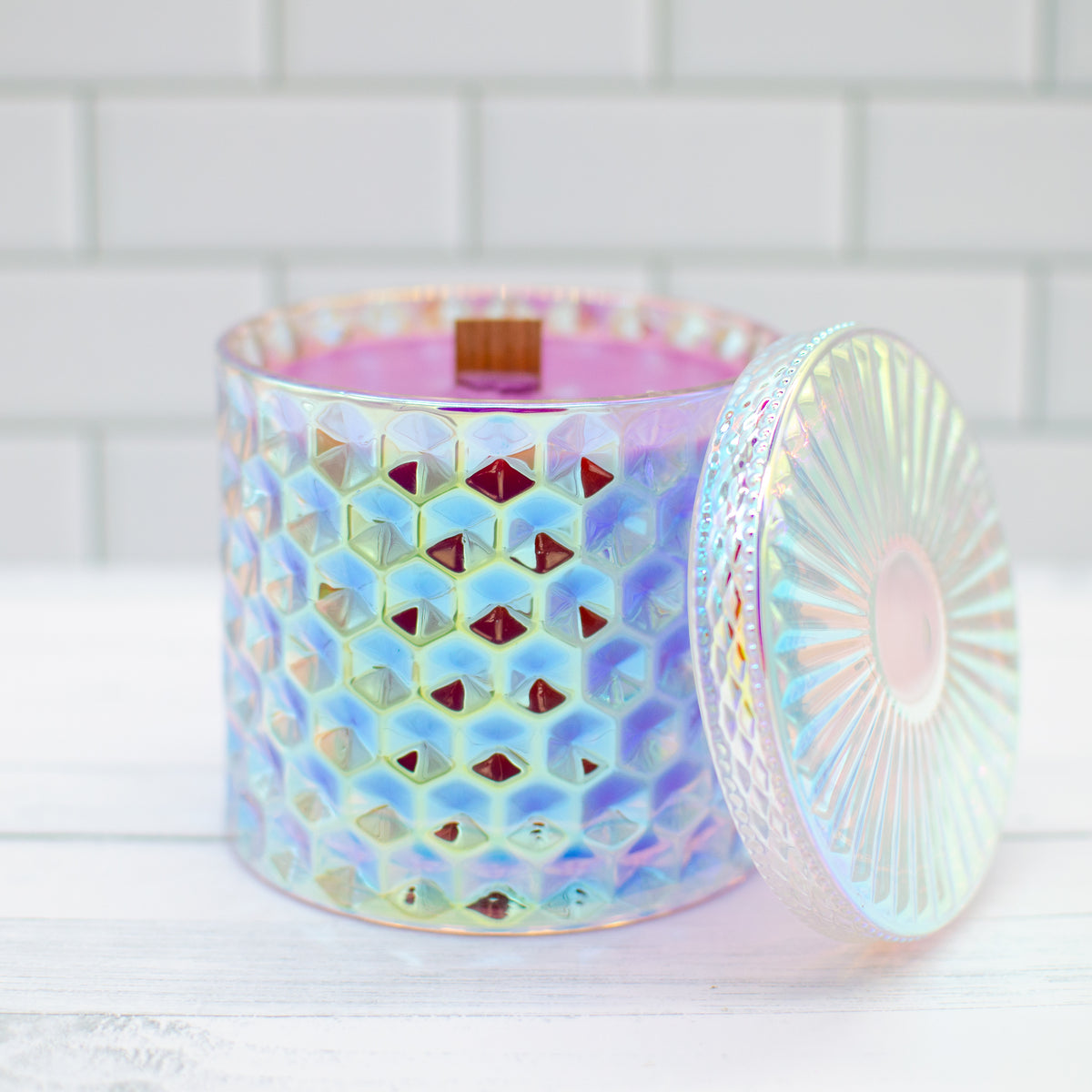 PRISM soy candles in iridescent glass jars by Eccentric Flamingo