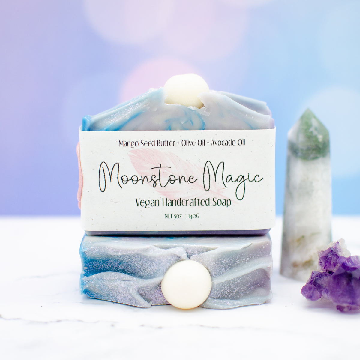 Moonstone Magic Soap: soap bar with soft blue and purple swirls (photo 2)