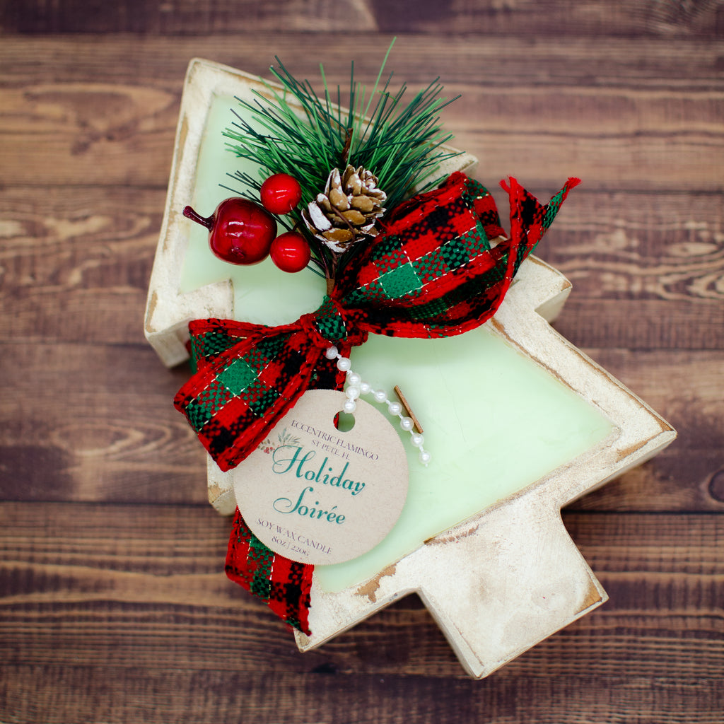 Holiday Soiree Dough Bowl Candle: hand-poured soy candle in a carved wooden dough bowl