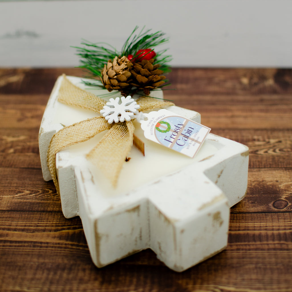 Frosty Cabin Dough Bowl Candle: hand-poured soy candle in a carved wooden dough bowl (photo 2)