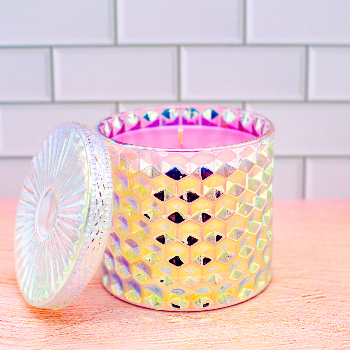 PRISM Candle - Pink: pink soy wax candle in an iridescent glass jar