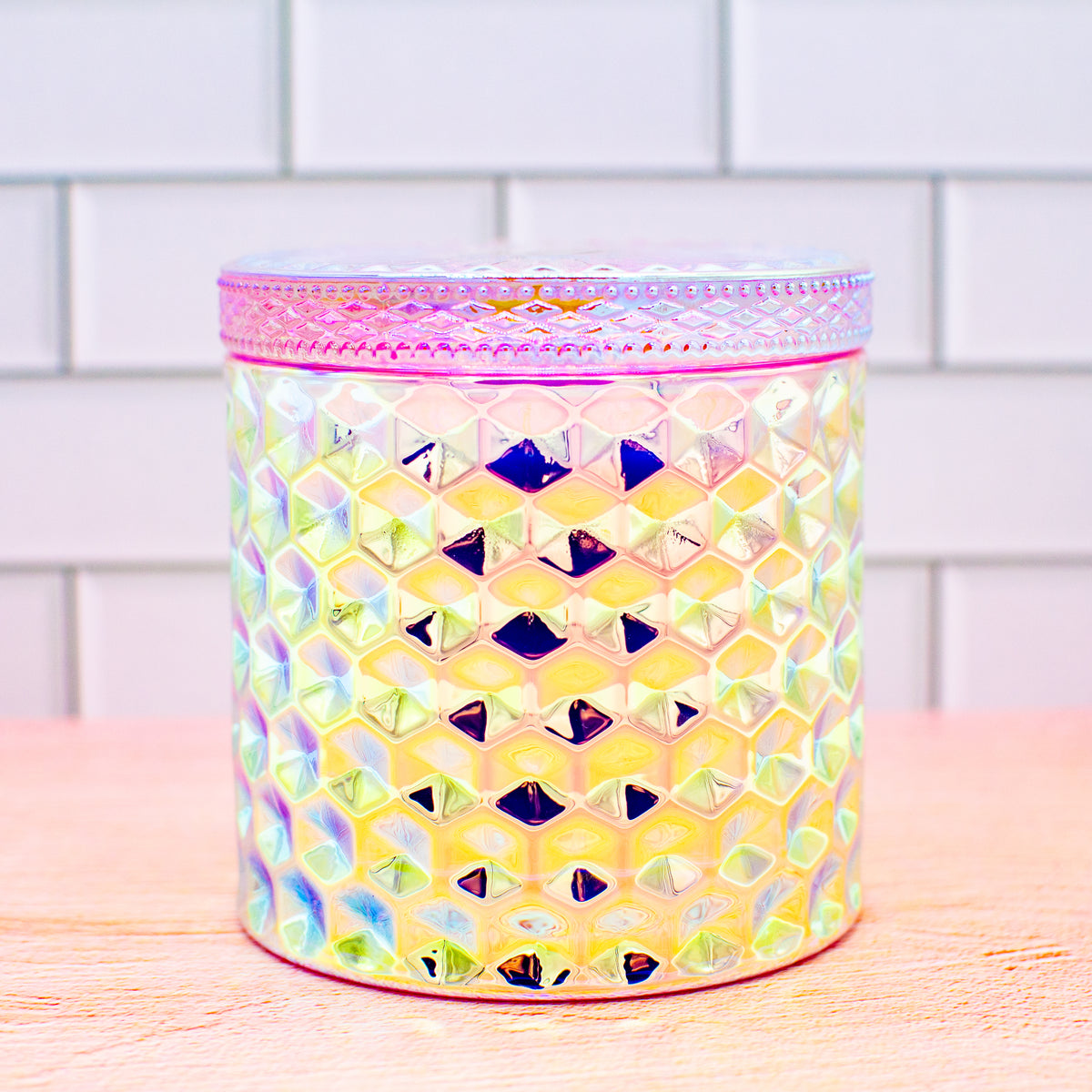 PRISM Candle - Pink: pink soy wax candle in an iridescent glass jar (photo 2)