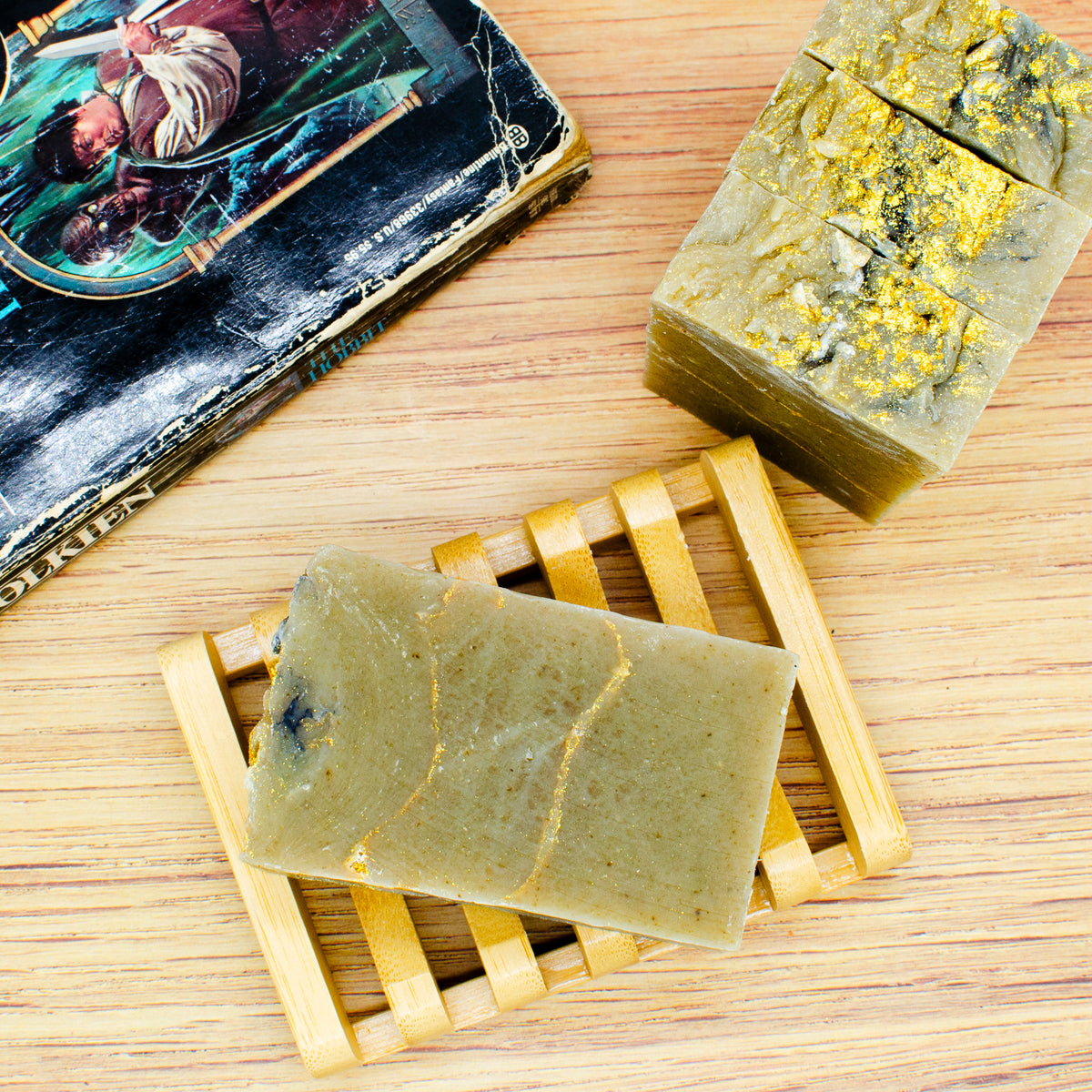 Middle Earth Soap: nettle and indigo soap bar with gold swirls