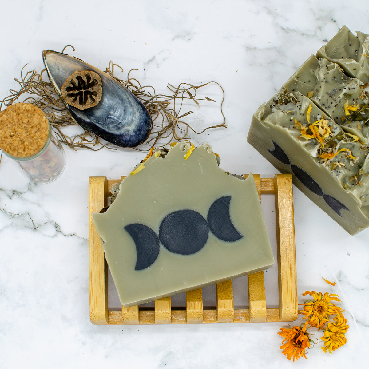 Triple Goddess Soap: sea clay soap bar with poppy seeds and calendula