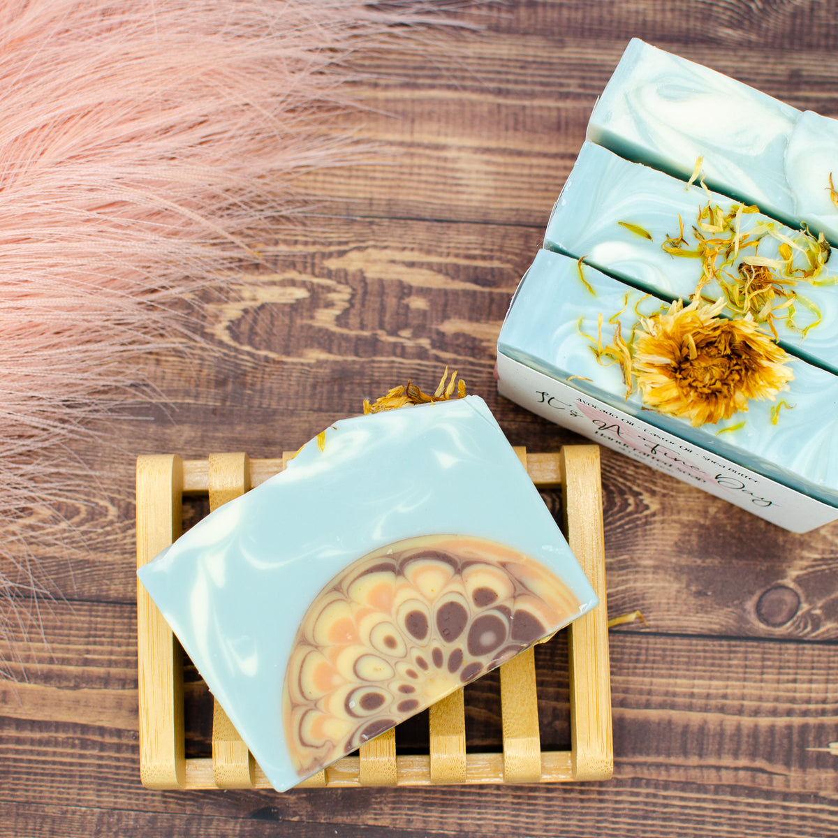 It's A Fine Day Soap: patchouli soap bar with a mandala design and calendula flowers