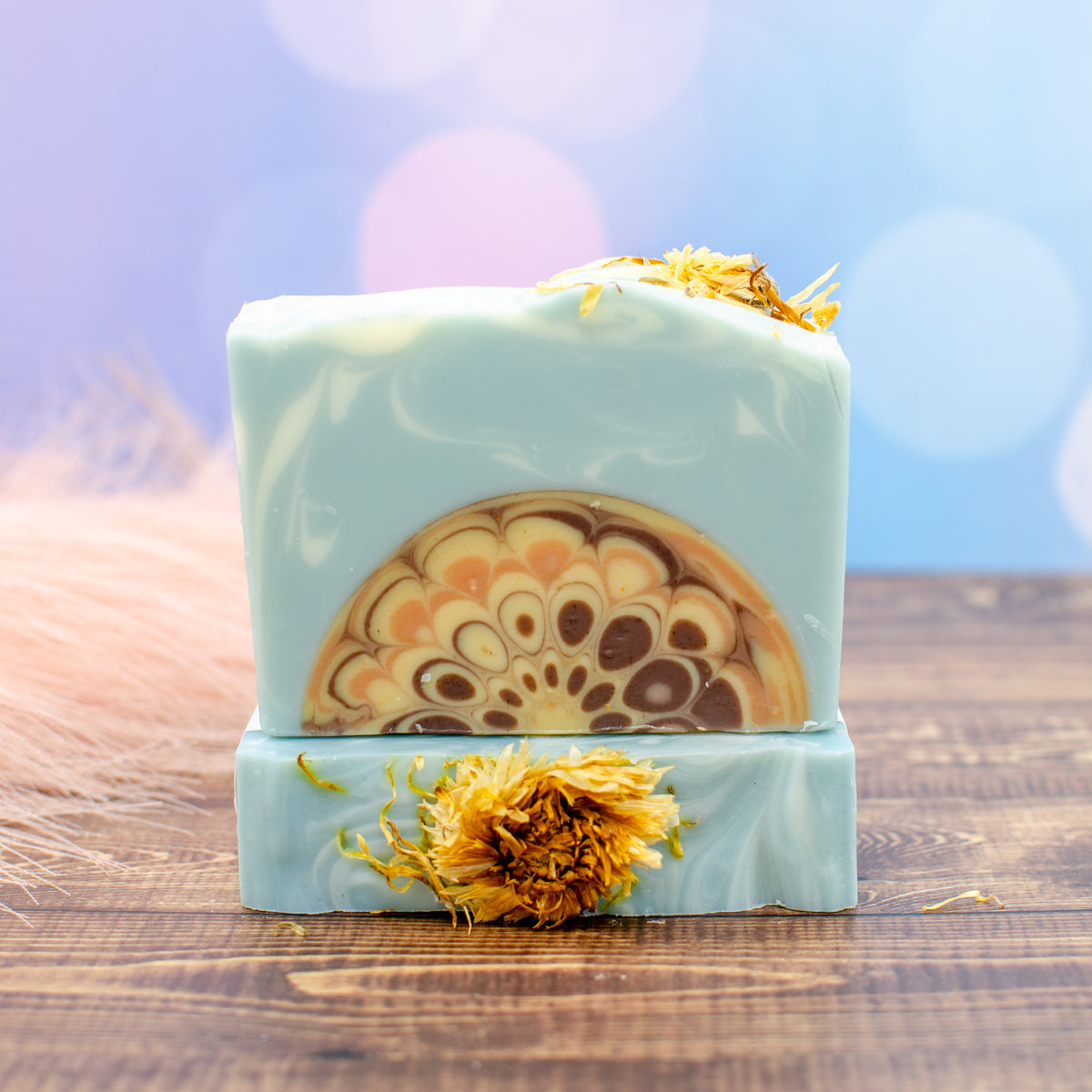 It's A Fine Day Soap: patchouli soap bar with a mandala design and calendula flowers (photo 2)