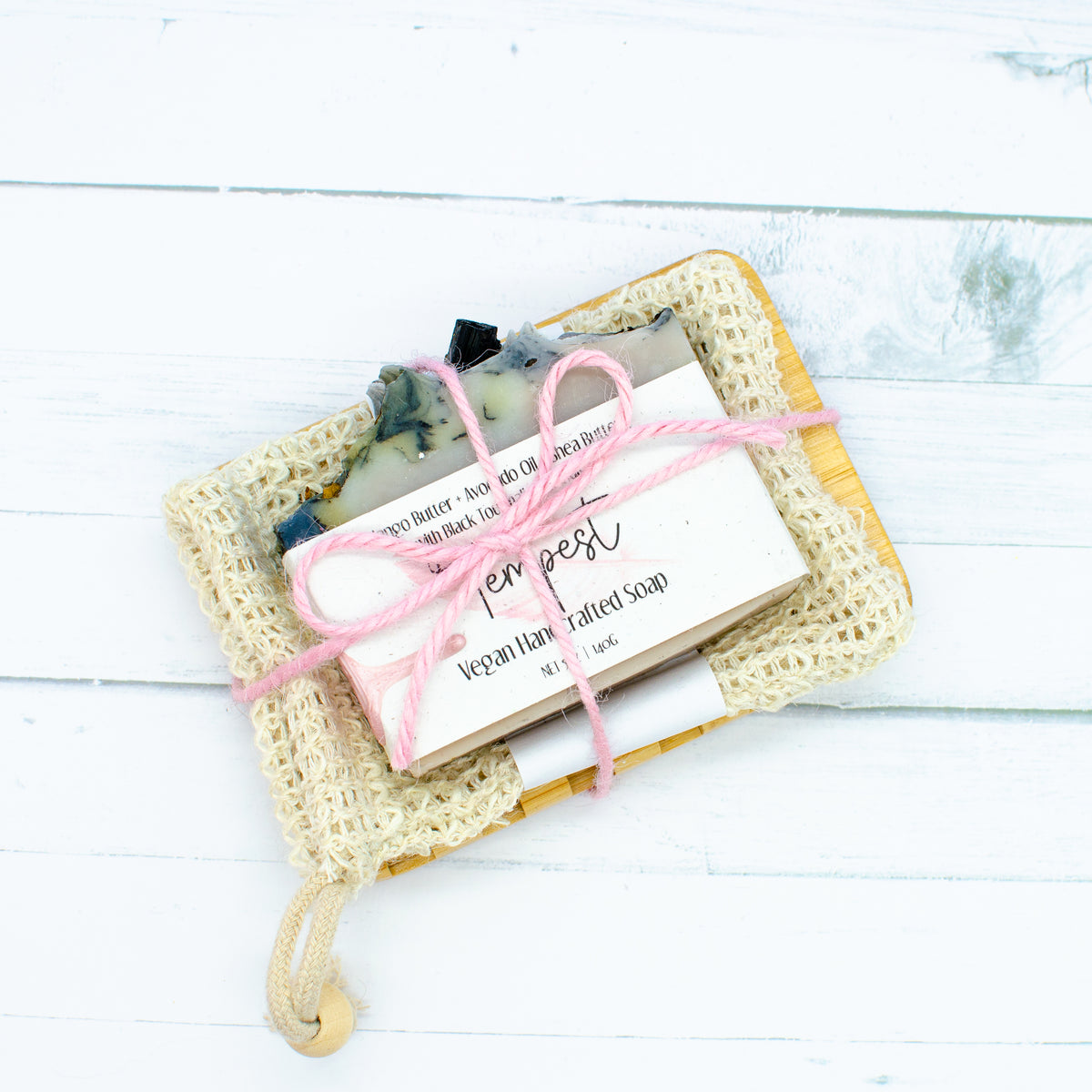 Soap Bar Gift Set: handmade vegan soap with a bamboo soap dish and sisal soap saver (photo 5)