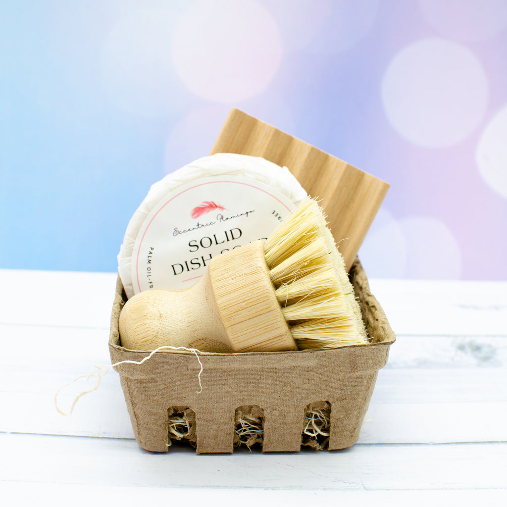 Dish Soap and Scrub Brush Set: solid dish soap bar with a bamboo scrub brush