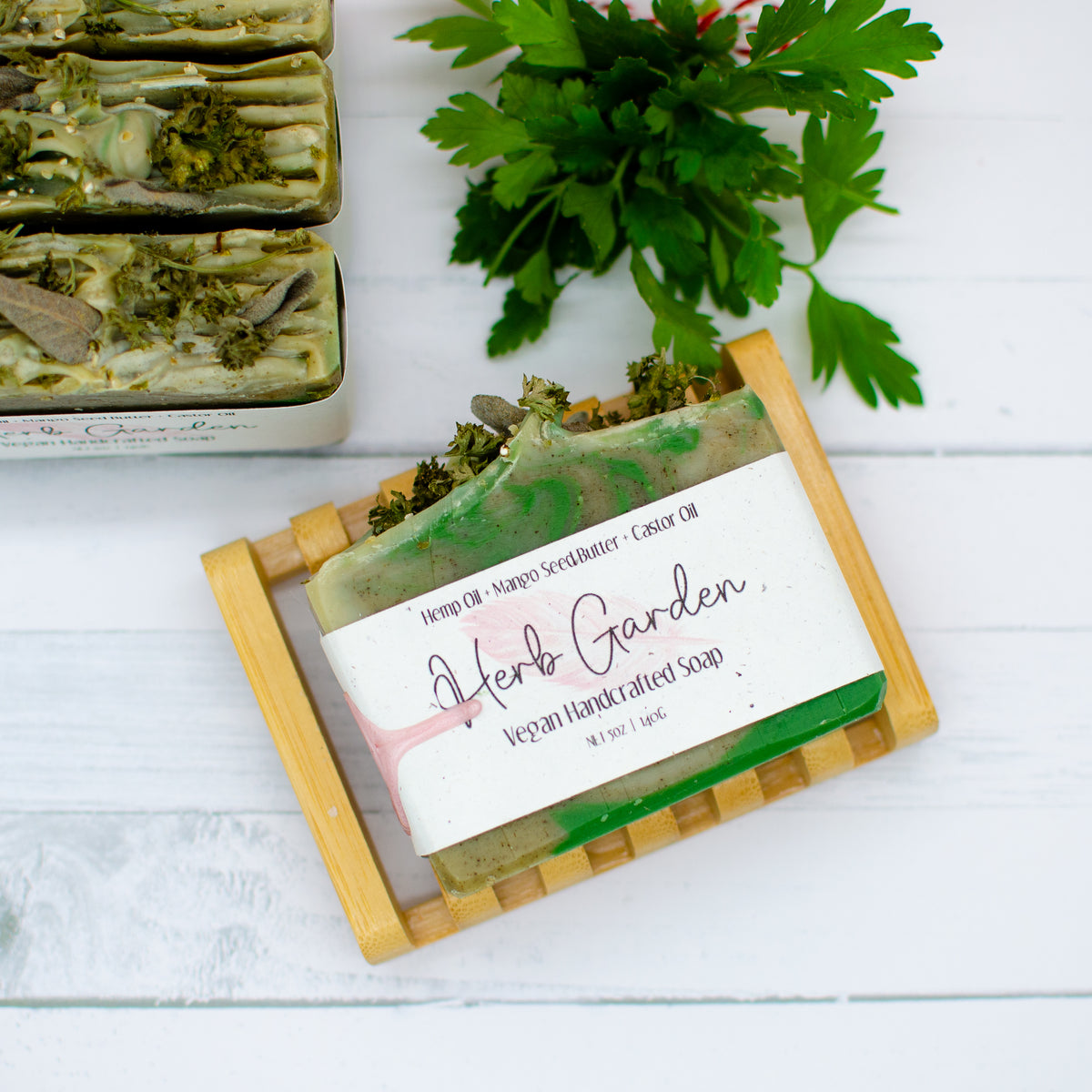 Herb Garden Soap: herbal soap bar topped with dried parsley, sage, and hemp seeds