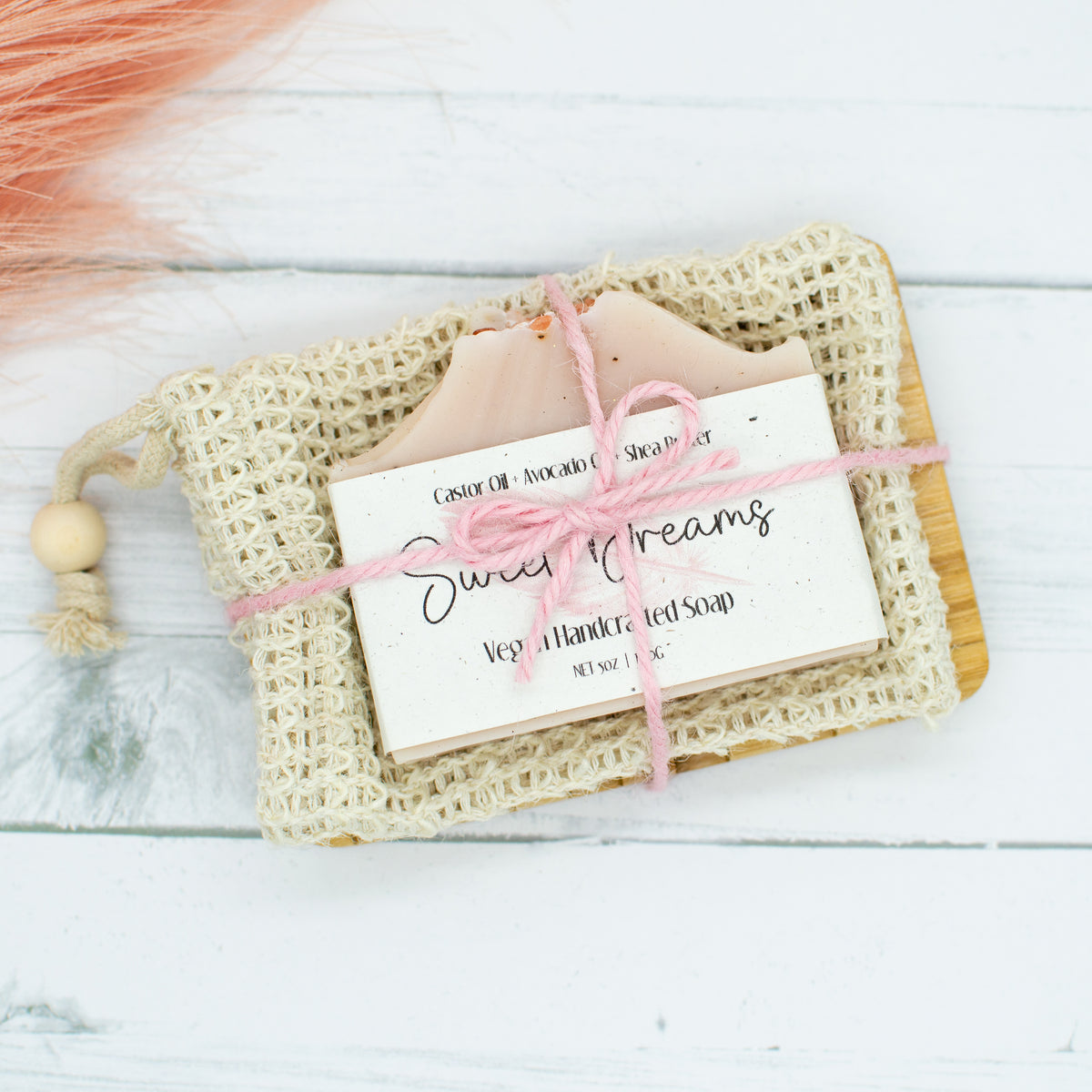 Soap Bar Gift Set: handmade vegan soap with a bamboo soap dish and sisal soap saver