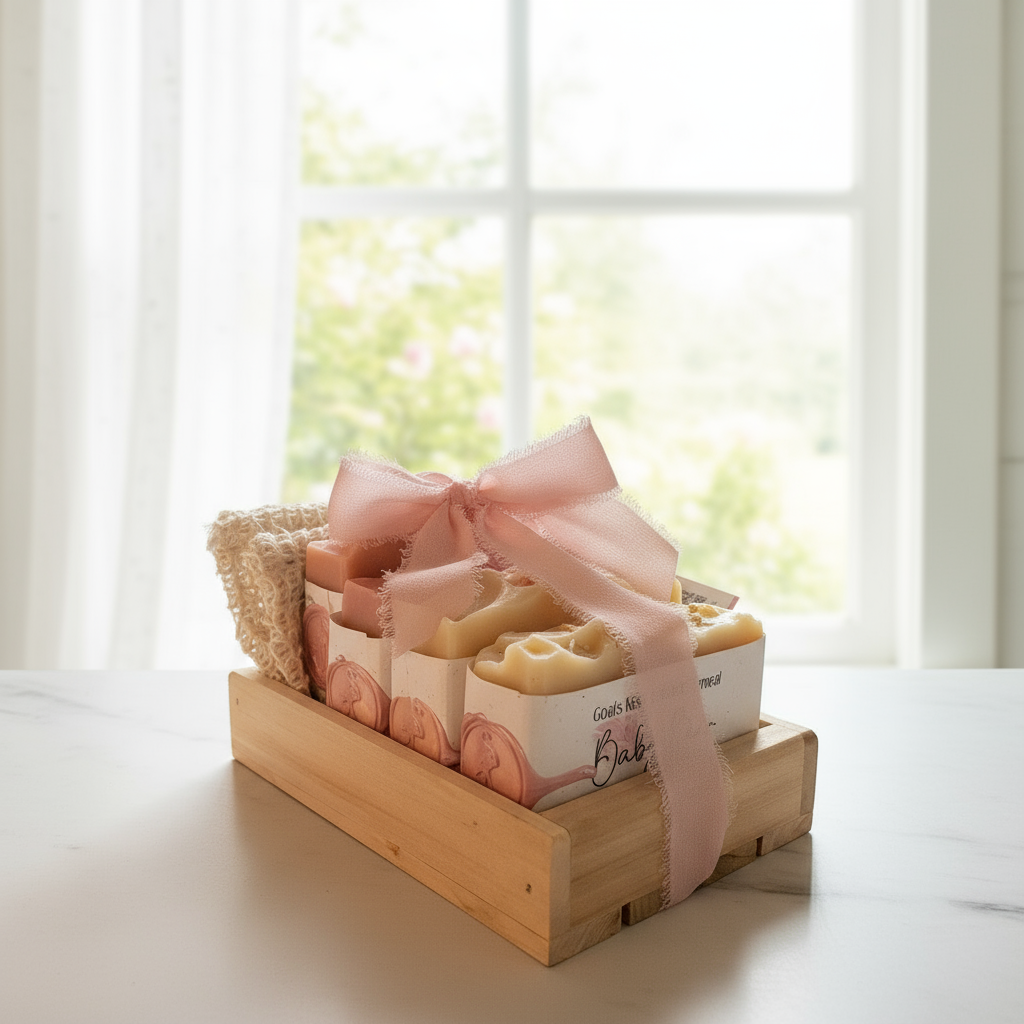 Signature Gift Set: four handmade soaps in a wooden gift box with a sisal soap saver and pink bow (photo 2)