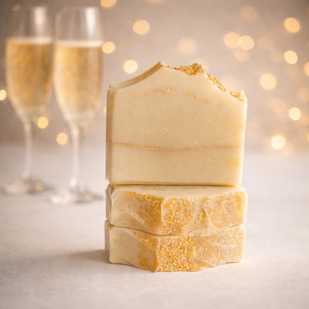 Champagne Toast Soap: soap bar topped with gold bursting beads