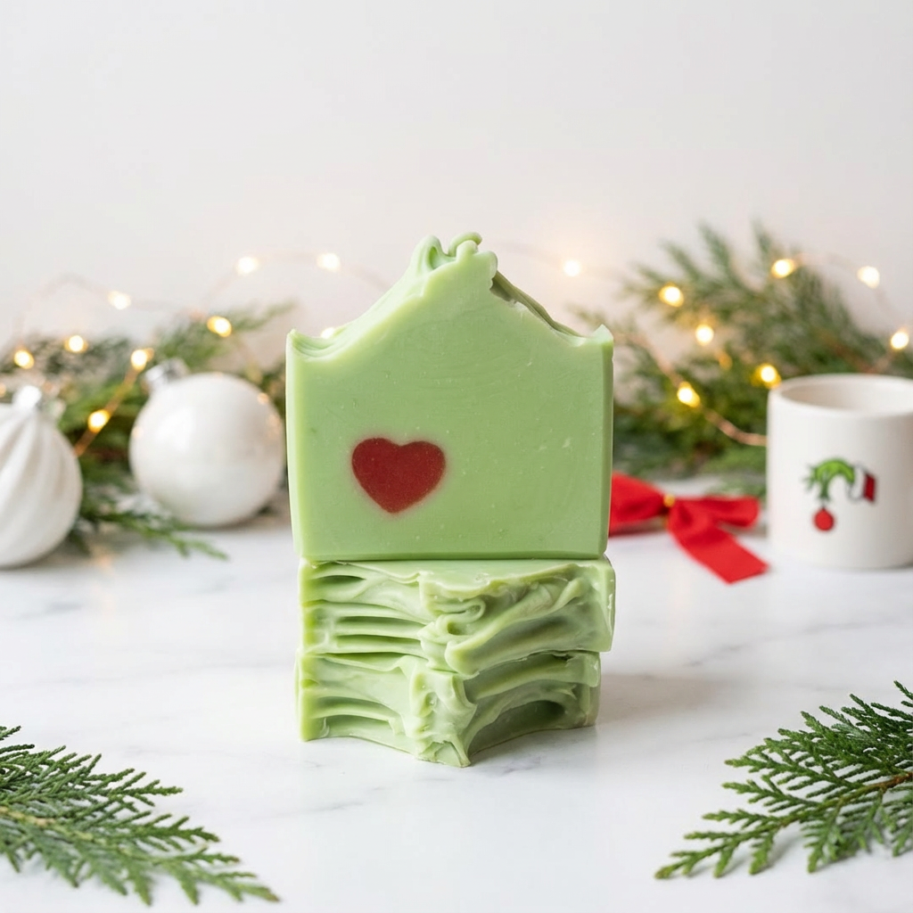 Merry Whatever Soap: bright green holiday soap bar with a red heart