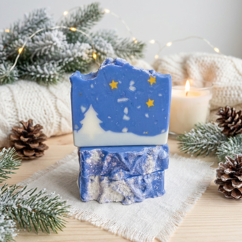 Winter's Night Soap: soap bar with a snowy scene beneath three stars