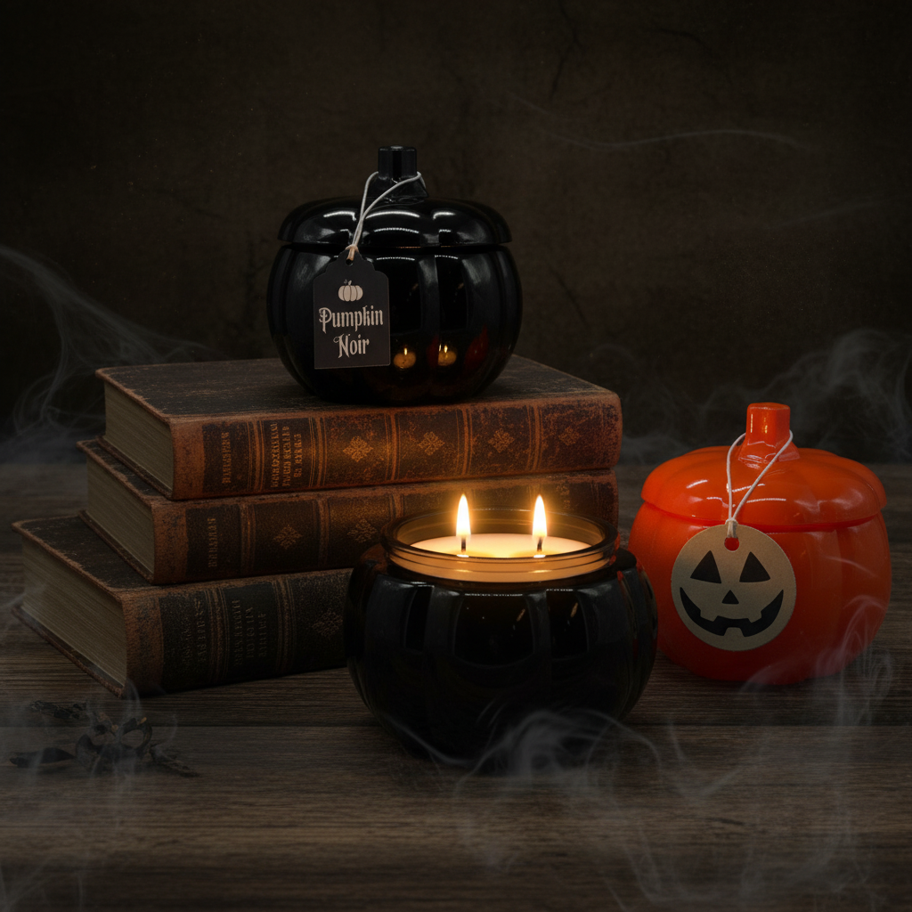 Limited Edition Pumpkin Candles: double-wick pumpkin soy candles in orange and black