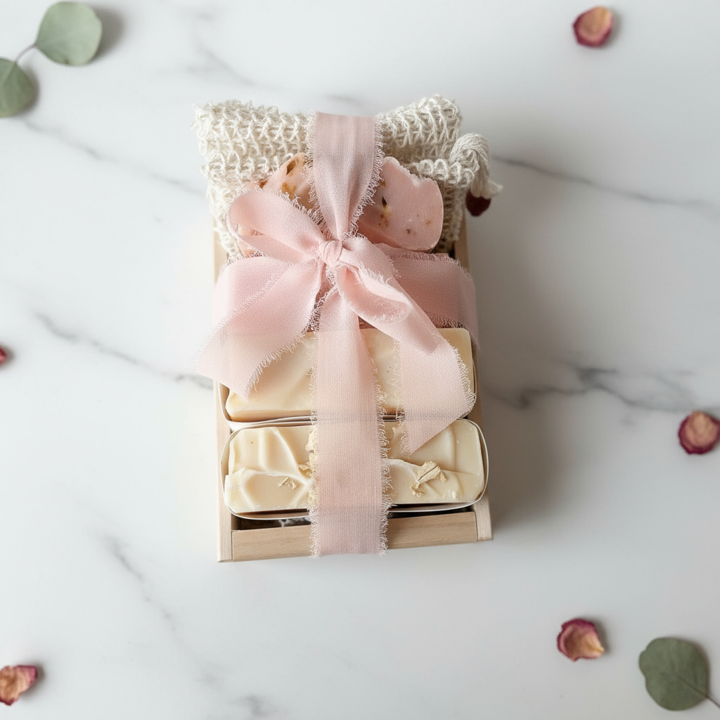 Signature Gift Set: four handmade soaps in a wooden gift box with a sisal soap saver and pink bow